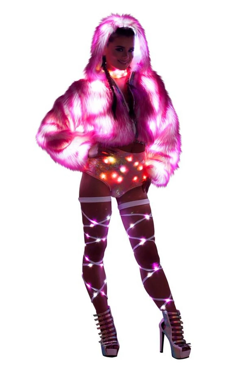 Traje de dança LED Tron para mulheres, roupas iluminadas, casaco de pele sintética, boate bar, festa de Natal, roupa Rave, jaqueta brilhante, bailarina