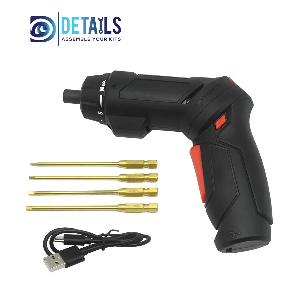 

Electric Mini Screwdriver with 6-Gear Torque With Power Tip Hex 1.5/2.0/2.5/3.0mm 3.6v, 2000mAh, 350rpm, 0.1-5.3Nm