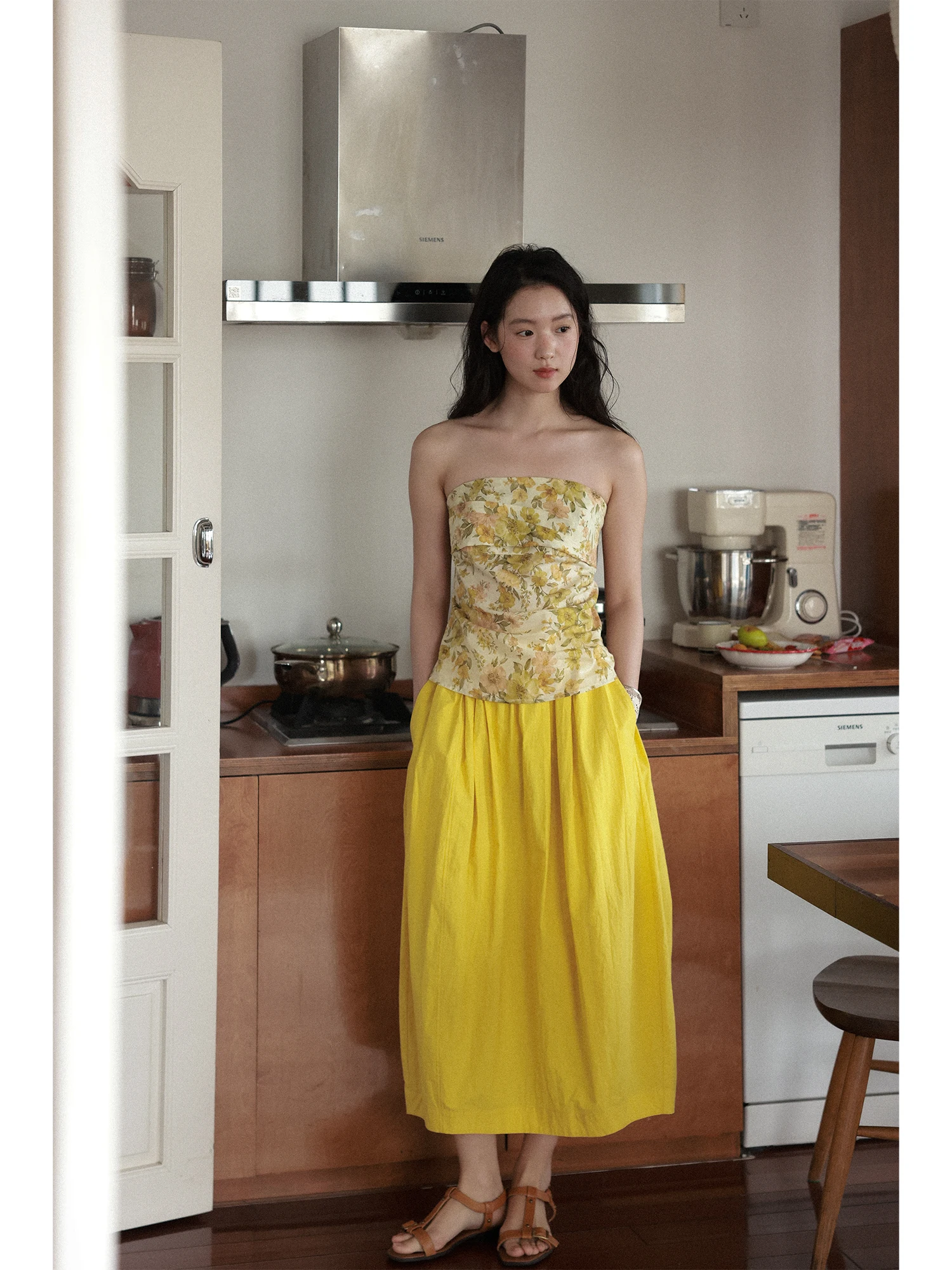 Summer Yellow Bloom Cotton Midi Skirt Women's Casual Artistic Design Pure Cotton High Waist Flower Bud Skirt for Teens And St...