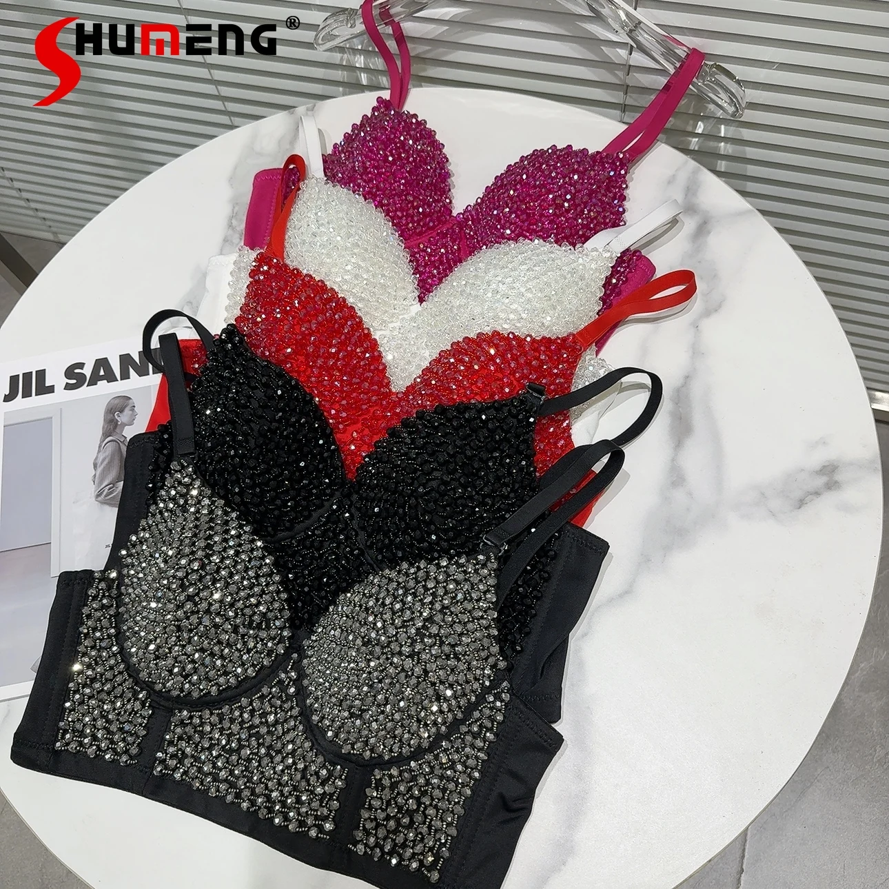 

Women's 2024 Summer New Vests Feminine Socialite Hot Girl Beaded Fishbone Chest Pad Underwear Vests Sleeveless Solid Color Vest