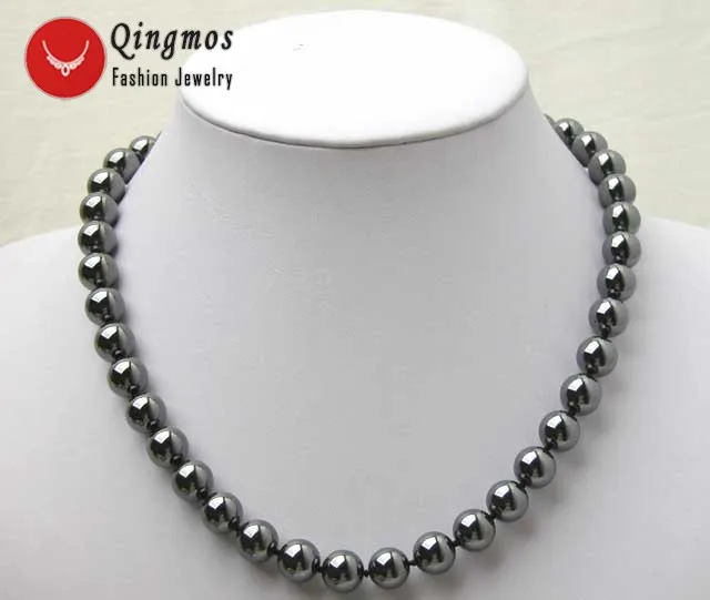 

Qingmos 10MM Round Black Natural Magnetic Hematite Gem Stone Beads 18" Chokers Necklace for Women Fine Jewelry collares nec2307