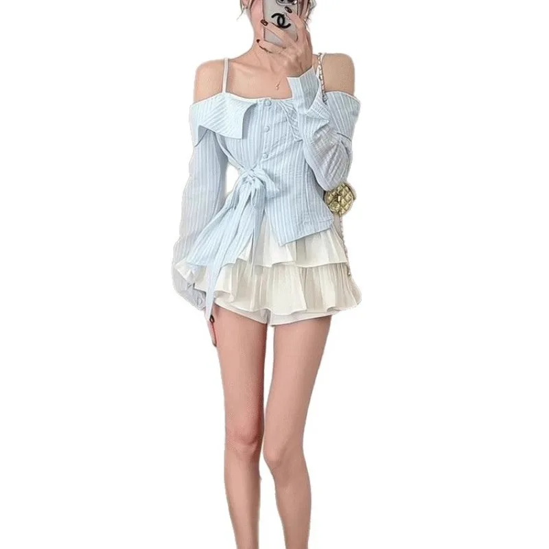 

2025 New Women Spring Summer Blue Shirt+ Fashion Midi Skirts Irregular Waist Cinching Lace Up Top One-Shoulder Pleated Skirt Set