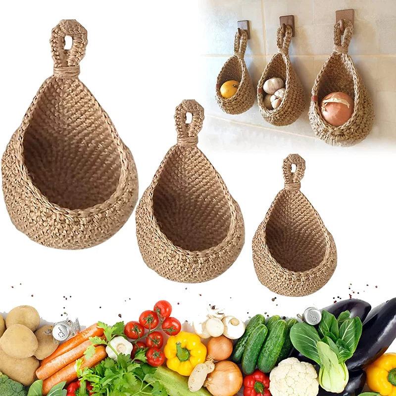 

Wall Hanging Fruit Basket for Kitchen Storage Baskets Hand Woven Bags Garlic Potato Vegetable Hanging Storage Basket Home Decor