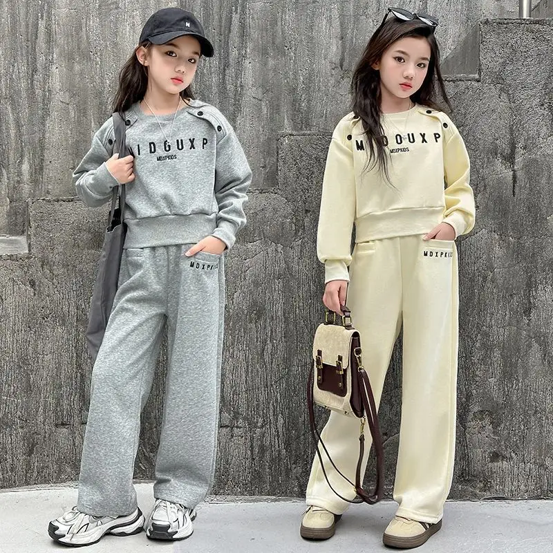 2026 teenager Gray girls Sport Suit winter spring Clothes Long Sleeve sweatshirt & wide leg Pant Casual 4 8 10 11 12 Years Child