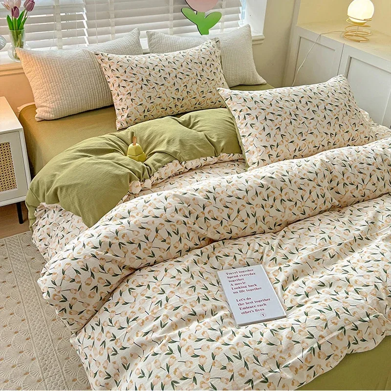 4Pcs Double-Layer Yarn Printed Cotton Fabric Quilt Cover Soft and Skin Friendly Bedding Sheet Queen/king Double Single Bed Set