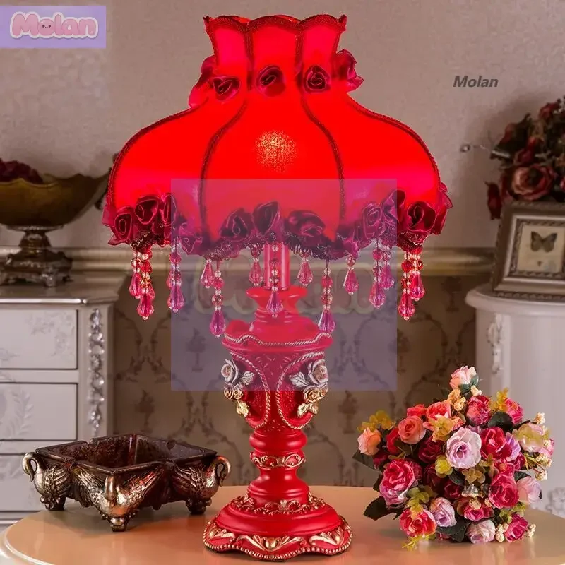 

European and American bedroom bedside wedding room celebration table lamp bright red dimmable creative warm luxury rose decorati