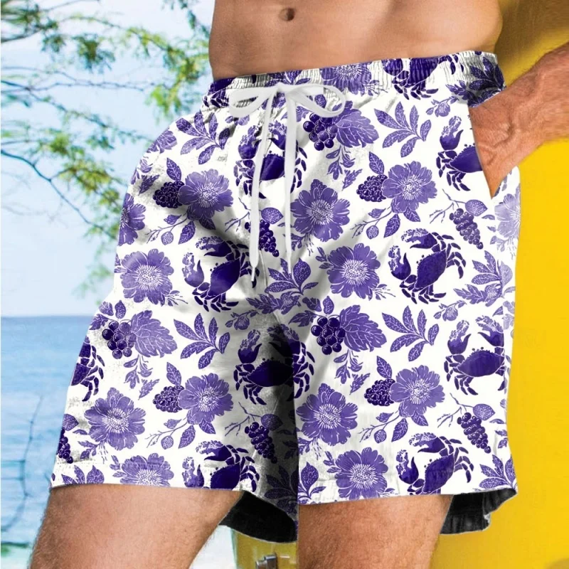 3D พิมพ์ดอกไม้องุ่นสั้นกางเกงสําหรับชายสนุกรูปแบบปูกางเกงขาสั้นชายหาดแฟชั่น Casual หลวม Street Hawaiian Surf กางเกงว่ายน้ํา