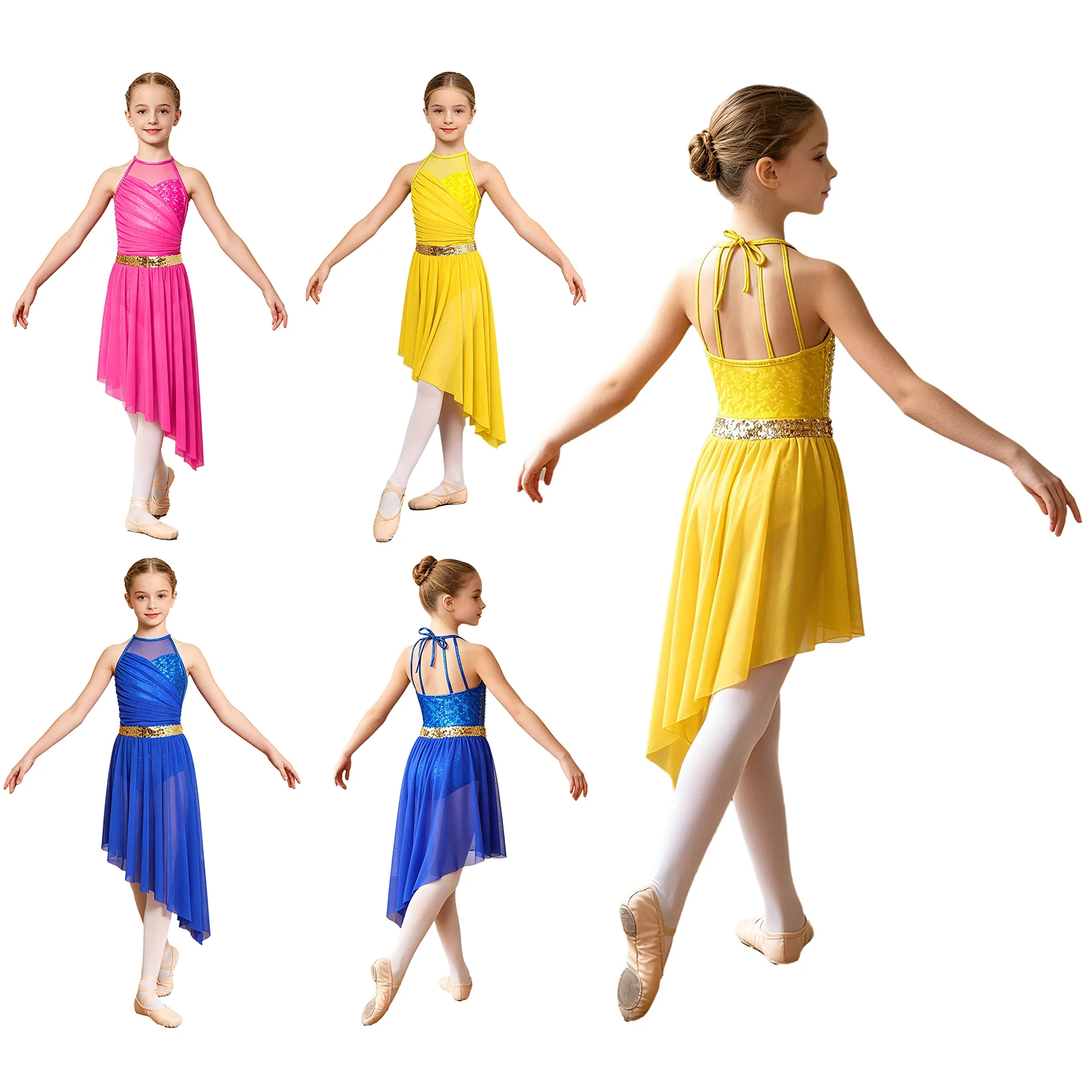 

Kids Girls Modern Lyrical Dance Dress Sleeveless Metallic Shiny Sequin Mesh Tutu Ballet Gymnastic Figure Skating Leotard Costume