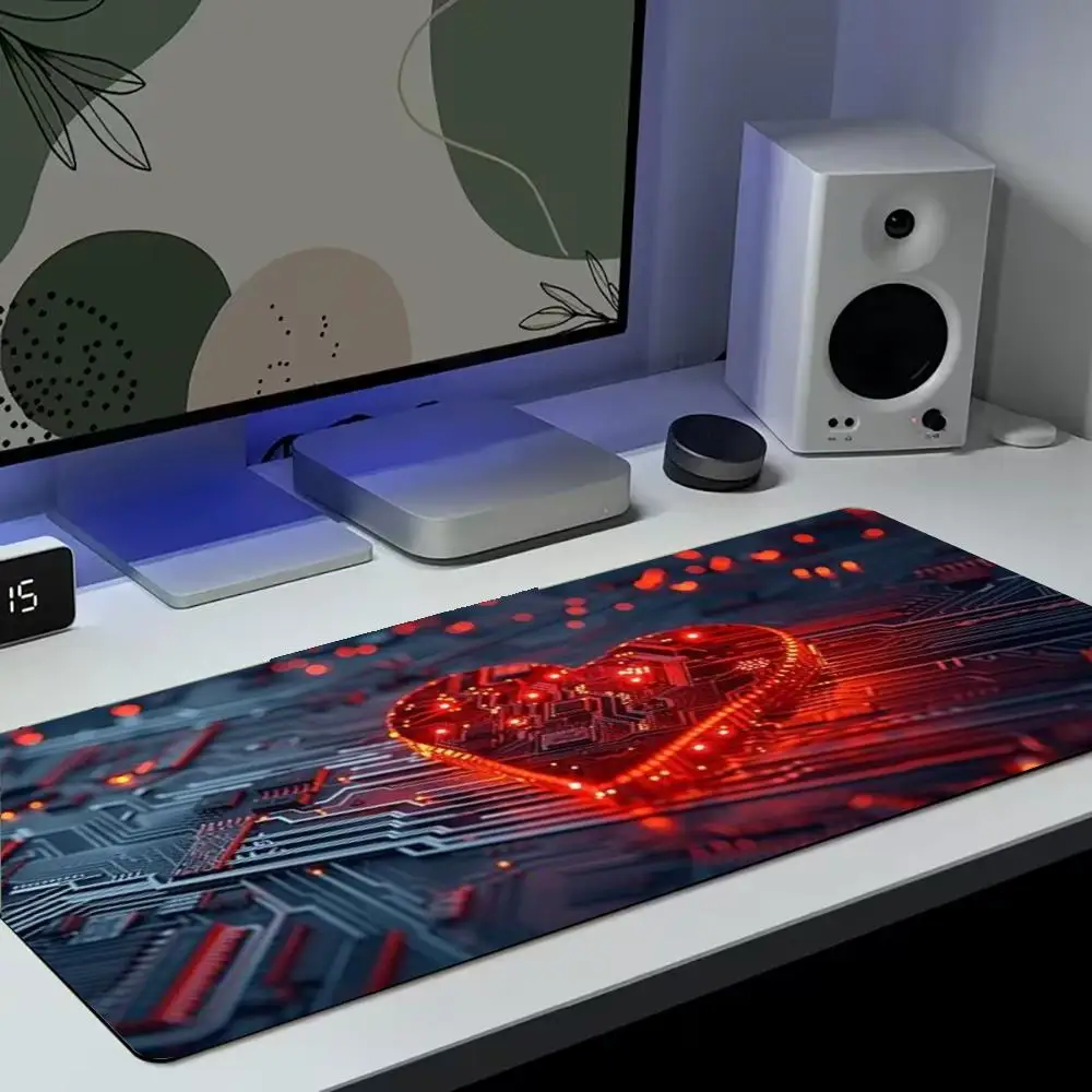 Blue Red Tech Glow Large Desk Mat, Abstract Neon Light Particle Pattern Non Slip Rubber Gaming Mouse Pad for Office Desktop