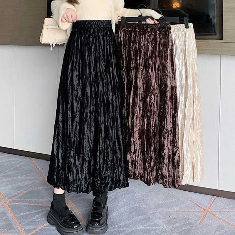 Long Skirts Gold Velvet  for Women Autumn Winter New High Waist Pleated A-line Skirts Female Vintage Slimming Fashion Maxi Skirt