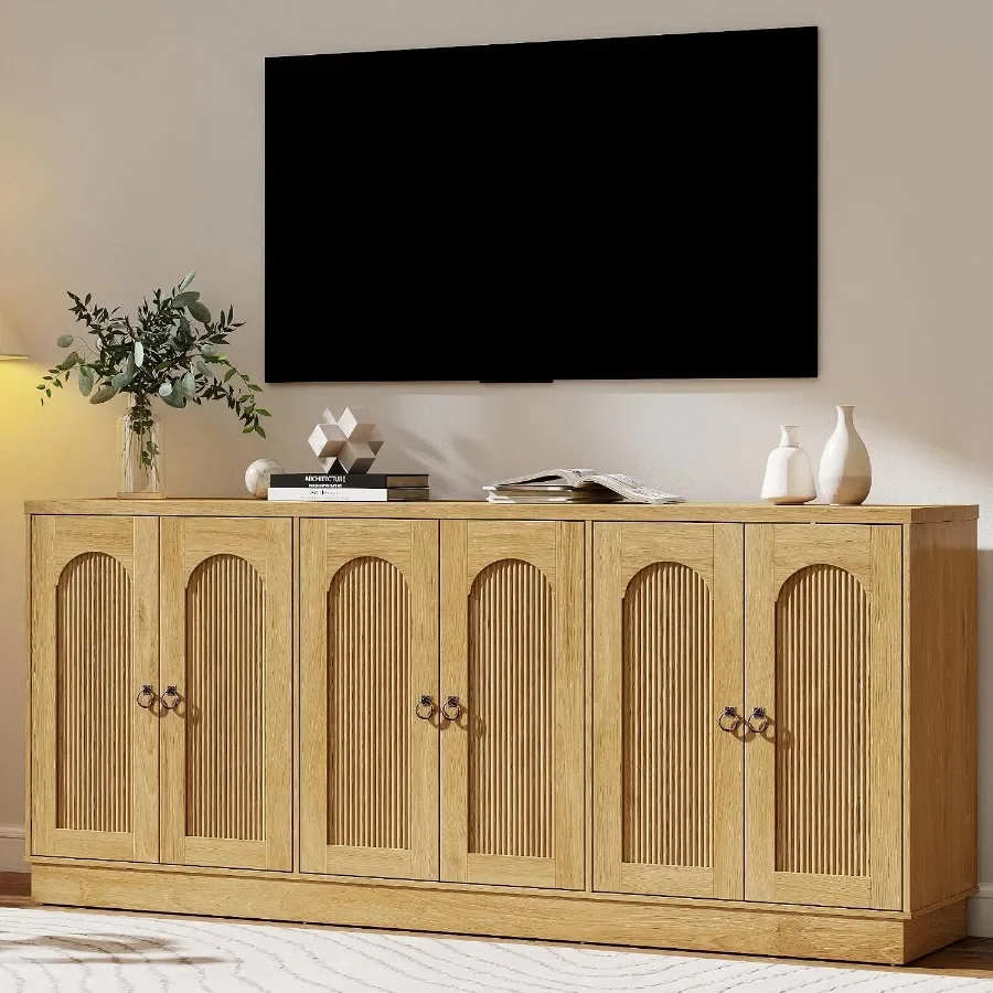 70 Fluted TV Stand for TVs up to 80 with 6 Arched Doors, TV Console, Oak, Living Room Use, Solid Wood, Warm Brown, Ample Storag