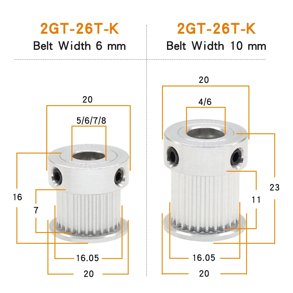 2GT-26T Timing Belt Pulley Bore Size 4/5/6/6.35/7/8 mm Alloy Toothed Pulley Teeth Pitch 2 mm Belt Width 6/10 mm For 3D Printers