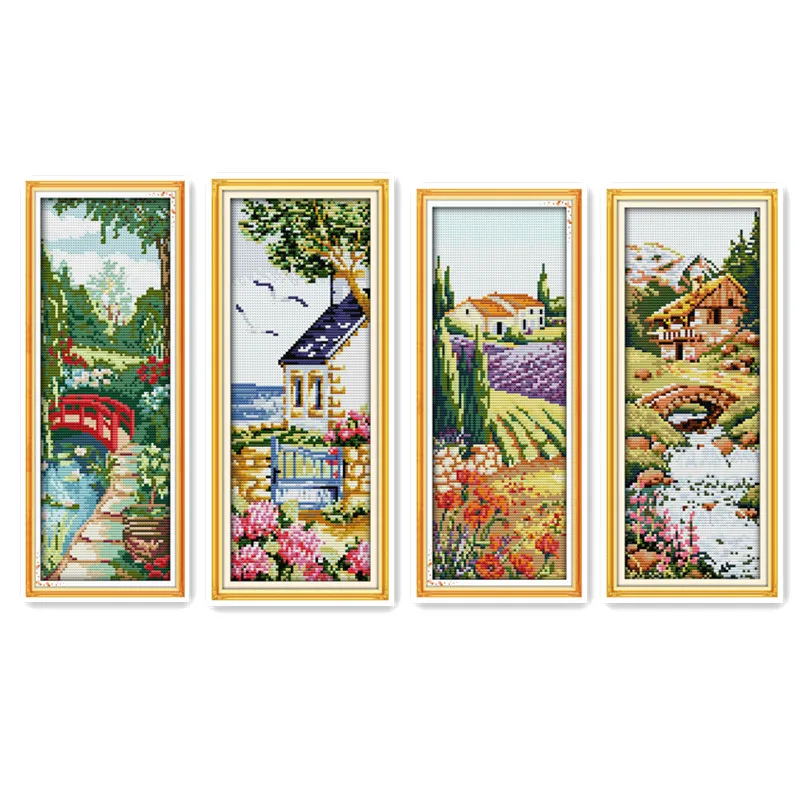 

Joy Sunday Spring, Summer, Autumn and Winter Scenery Handmade DIY Cross Stitch Kit Vertical Version Slightly Decorated