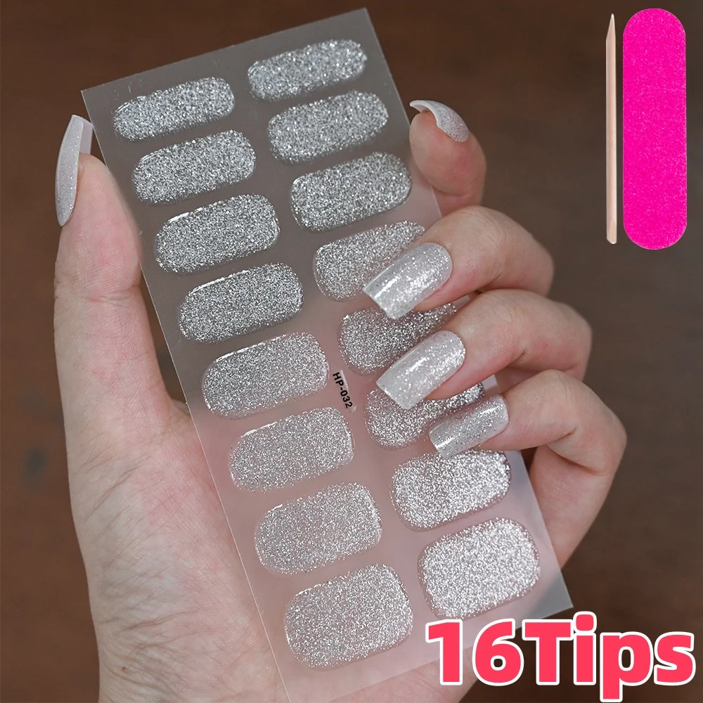 16Tips Sliver Glitter UV Gel Nail Stickers Full Cover Semi Cured Gel Nail Wraps LED Lamp Needed Long-Lasting Nail Polish Patch #