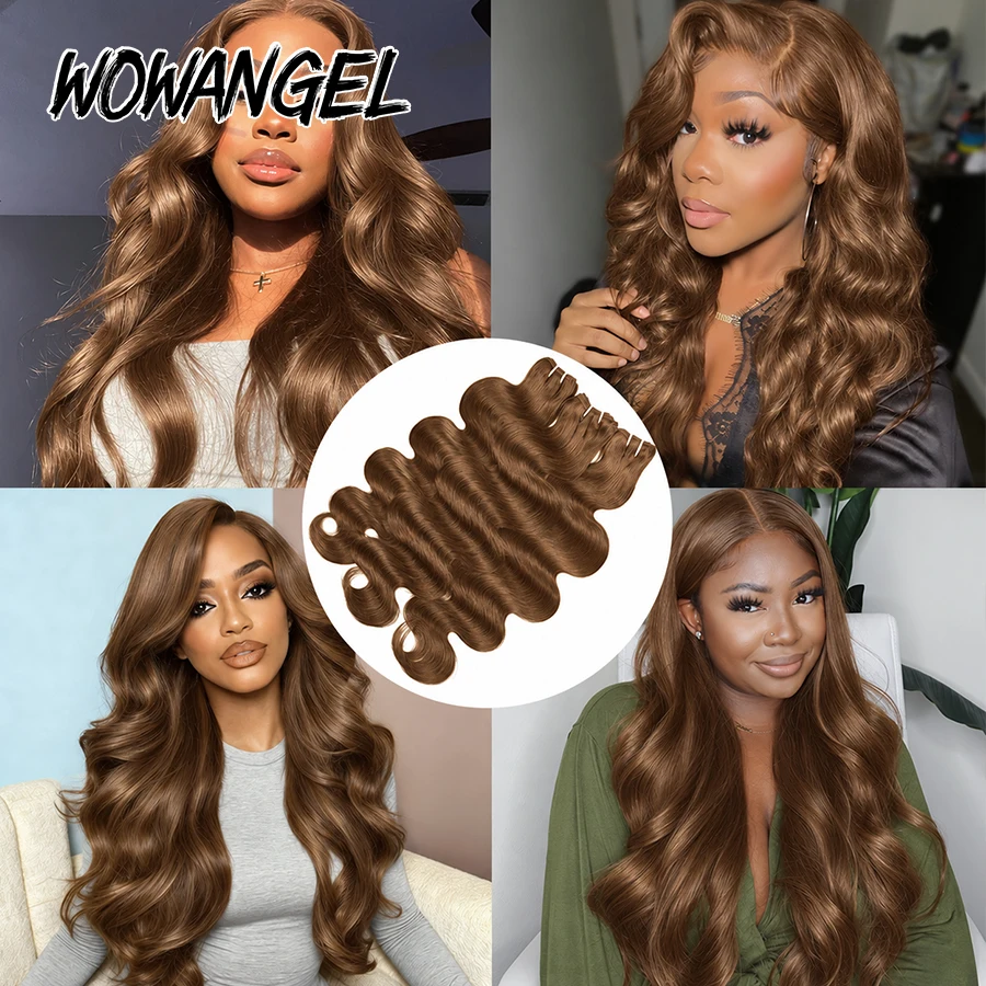 WOWANGEL #4 Chocolate Brown Body Wave Human Hair Bundles 100% Human Hair Weave Extensions Soft Silky Double Weft Hair for Sew In