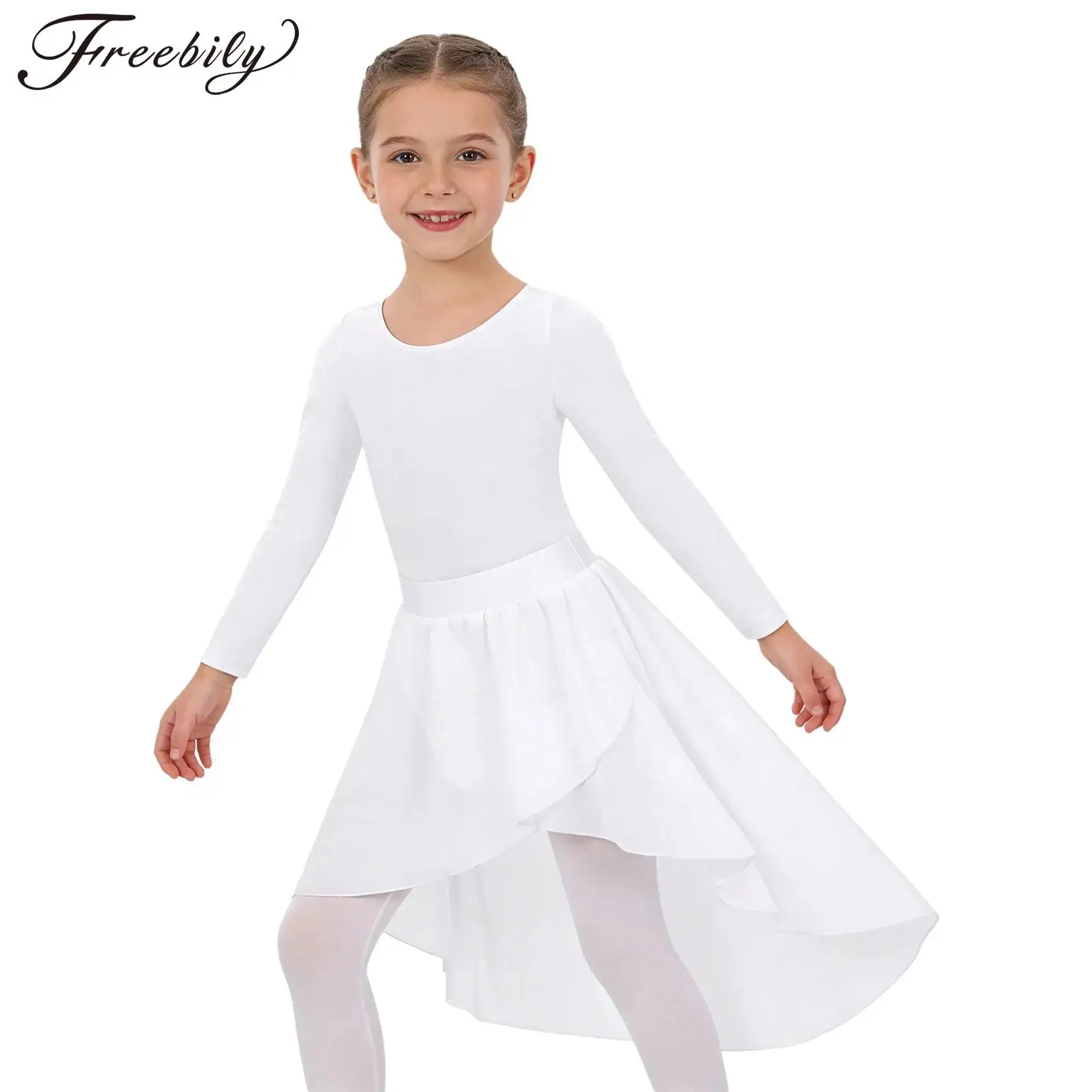 Kids Girls Ballet Lyrical Modern Dance Outfit Long Sleeve Gymnastics Leotard with Chiffon Skirt Practice Performance Clothes