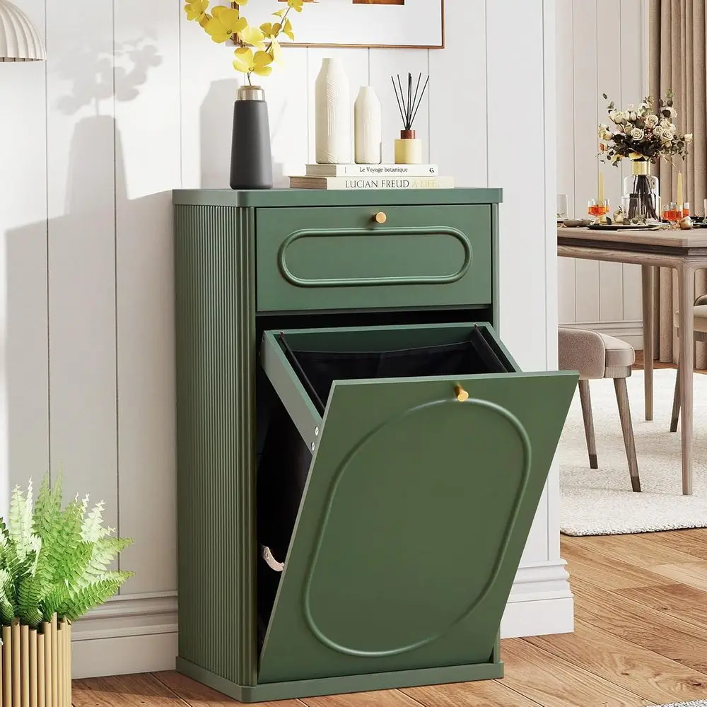 

Tilt Out Trash Can Cabinet, Wood Kitchen Garbage Bin with Drawer, Fluted 10 Gallon Laundry Hamper Cabinet, Farmhouse Hidden Tras