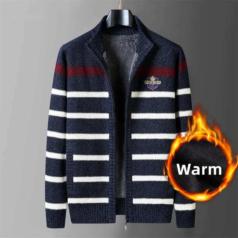 

Winter Wool Liner Sweater Cardigan Man Knit Striped Stand Collar Jacket Knitwear Cardigan Knitted Sweater Men Vintage Clothing