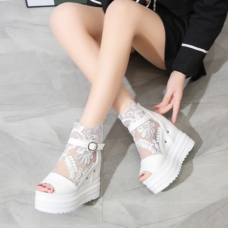 Summer Crystals Buckle Platform Sandals Women Cool ZIP Boots 10cm Wedges Heel Height Increasing Peep Toe Lace breathable Shoes