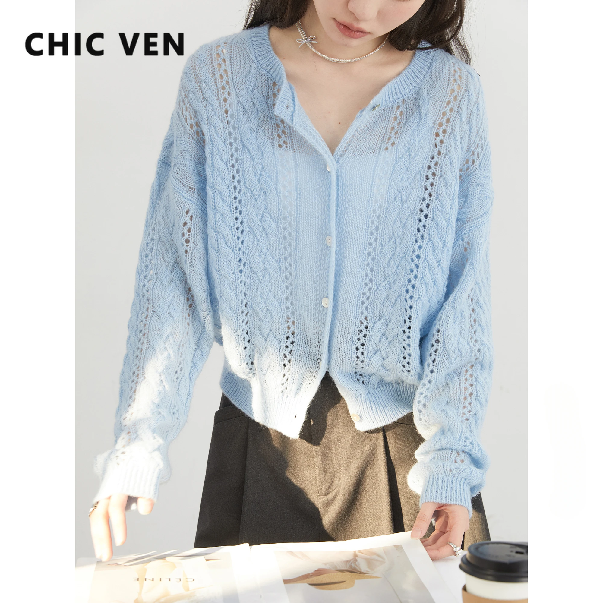 CHIC VEN damski sweter luźny Casual moherowy sweter z dzianiny z dziurami kobiece krótkie swetry wiosna lato 2025 topy