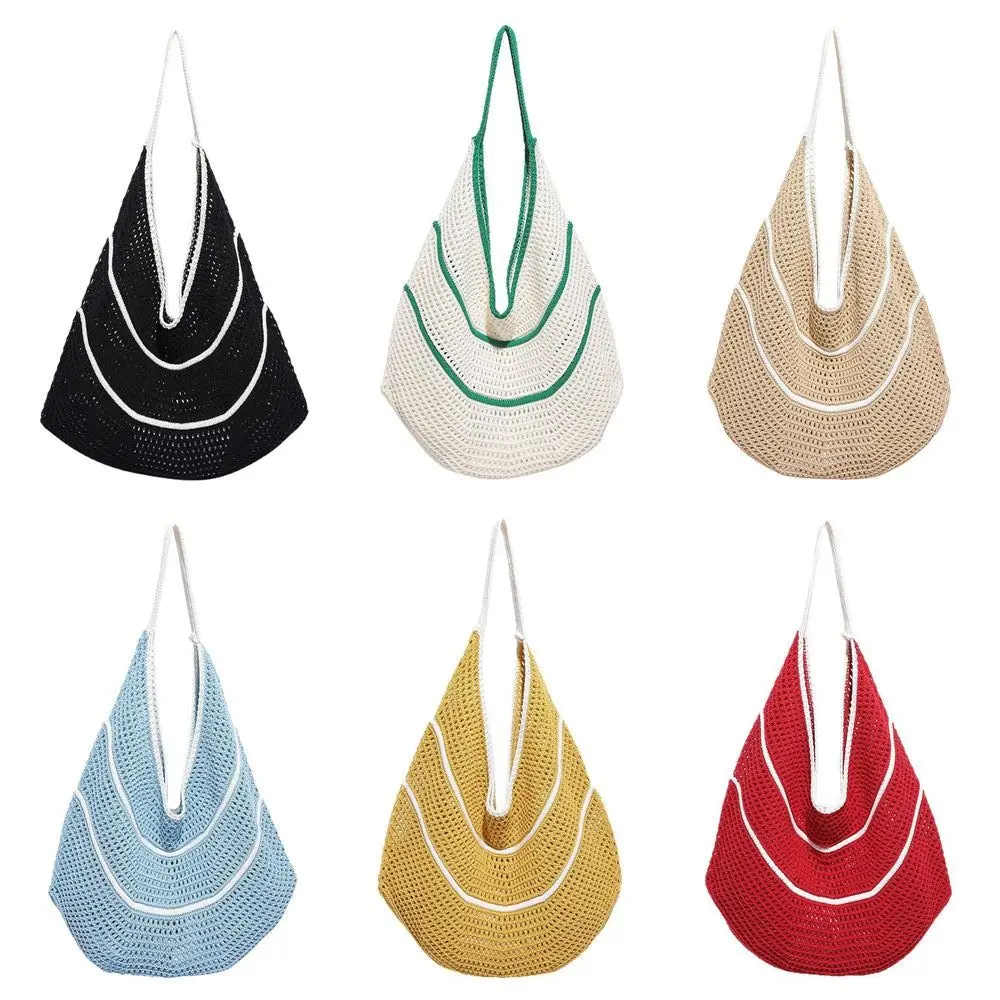 กระเป๋าถือถักไหมพรมสีพื้นสไตล์เกาหลี ความจุเยอะ กระเป๋าโท้ทโครเชต์สีตัดกัน กระเป๋าถือสานลำลองแบบโปร่ง