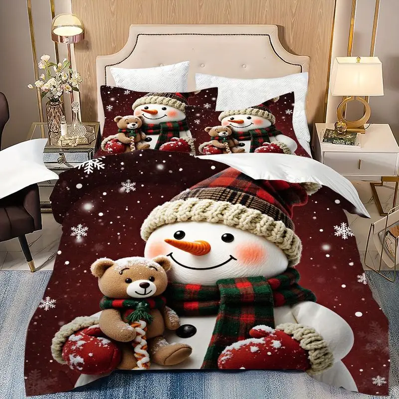 Christmas Snowman Teddy Bear Bedding Duvet Cover Set Multi Size Quilt Cover Queen Size Bedroom Bedding Decoration Machine Washable Adult Boy Girl Bedroom