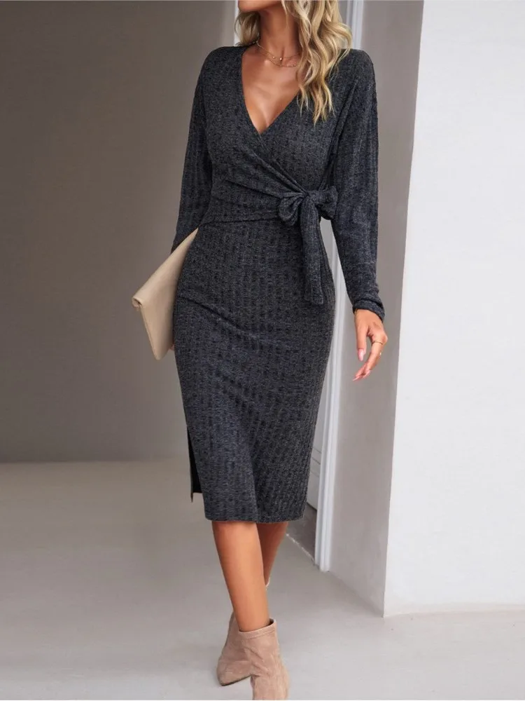 2024 New Autumn Winter Fashiona Slim Knitted Strap Dress Women Sexy V-neck Long Sleeve Tight Type Midi Dress Office Ladies Dress