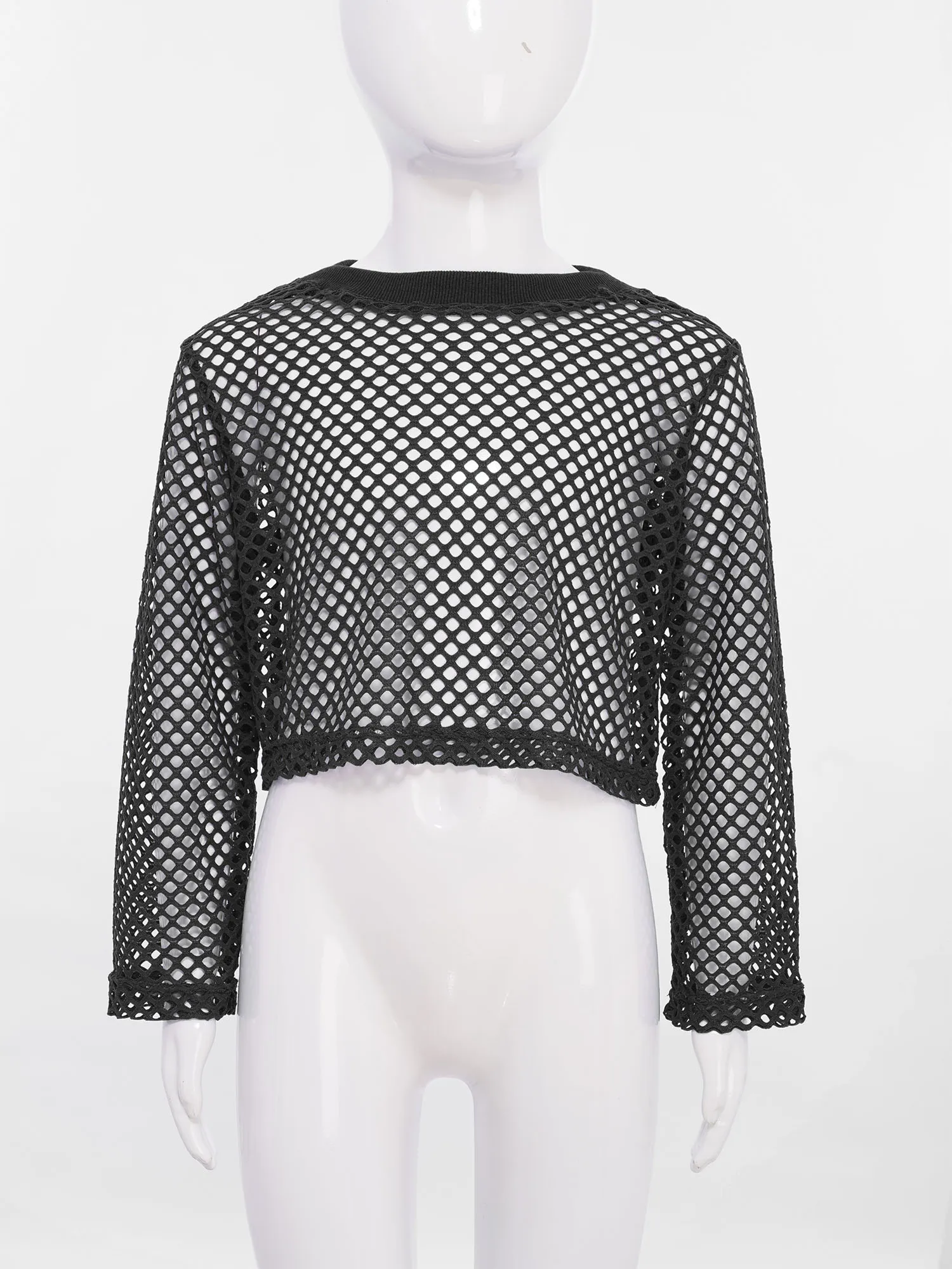 Kids Girls Hollow Out See-Through Fishnet T-Shirt Round Ribbed Neck Long Sleeve Crop Top for Skateboarding Hip-Hop Street Dance
