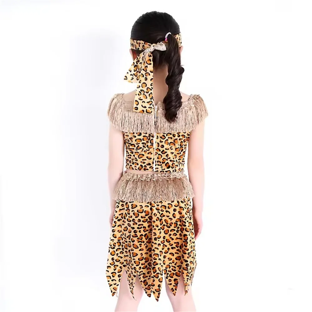 Native American modern dance performance costume set children savage caveman costumes boy leopard African tribal Hunter clothing