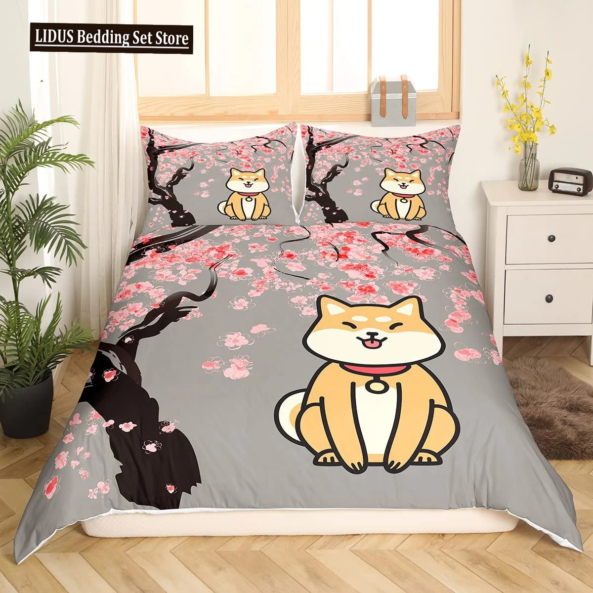 

Cartoon Shiba Inu King Queen Bedding Set Yellow Pet Puppy Duvet Cover Cherry Blossoms Tree Quilt Cover Polyester Comforter Cover