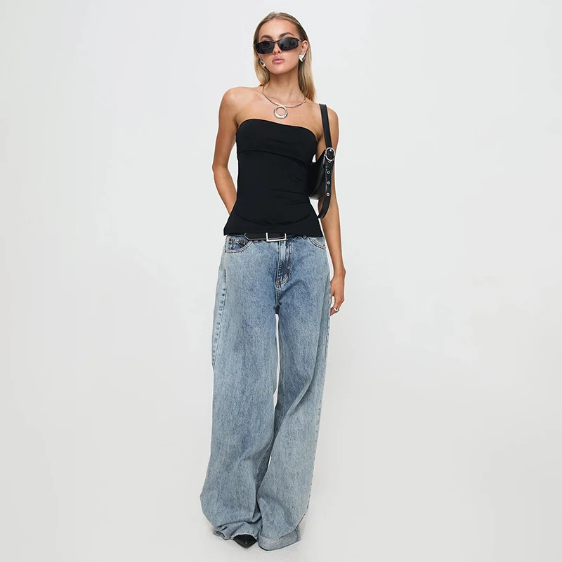 Sexy Color puro sin mangas sin tirantes ceñido al cuerpo chaleco dividido Top para mujeres moda estilo europeo primavera nueva llegada