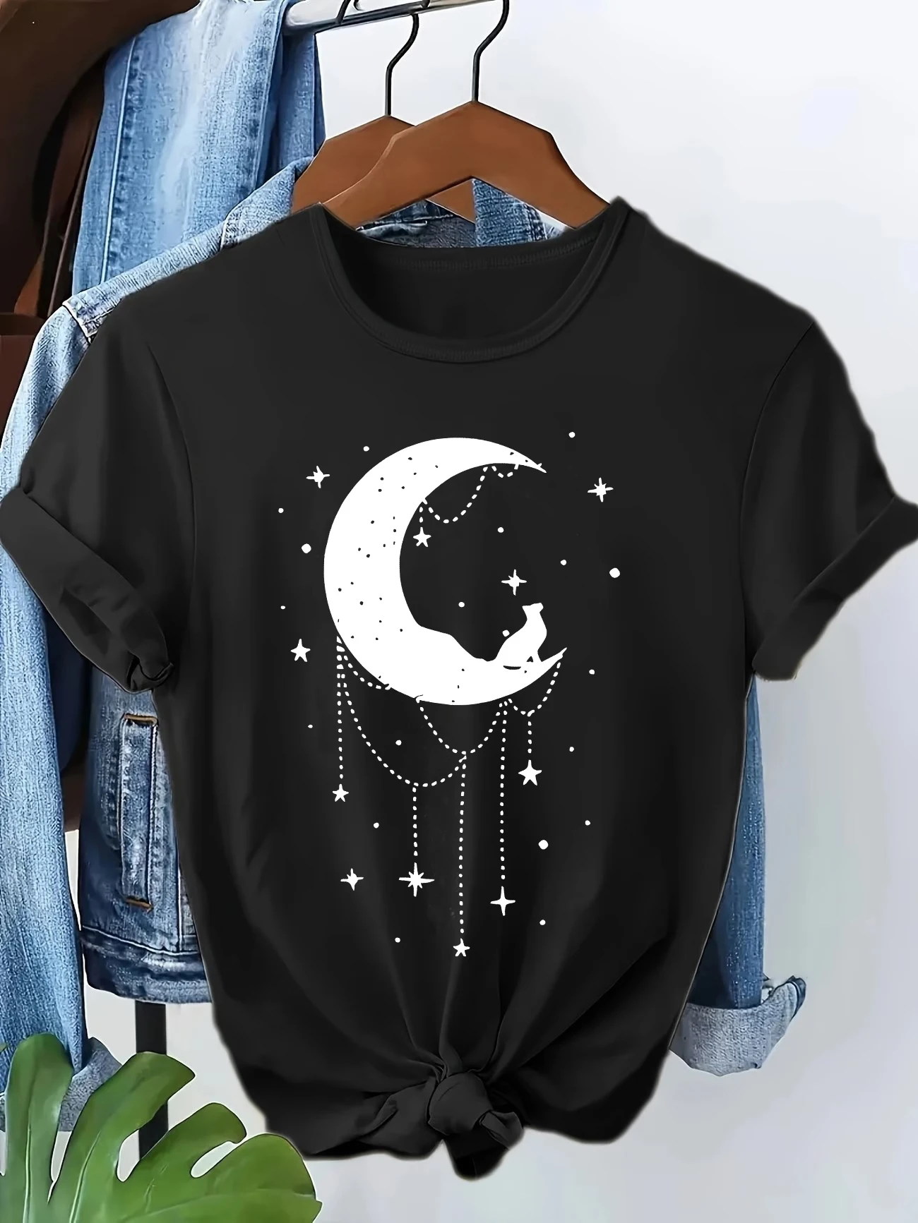 Vintage T-Shirt mit Mond-Stern-Motiv und Katzen-Print, kurzärmelig, Sommer-Oberteil für Damen und Mädchen, lässig