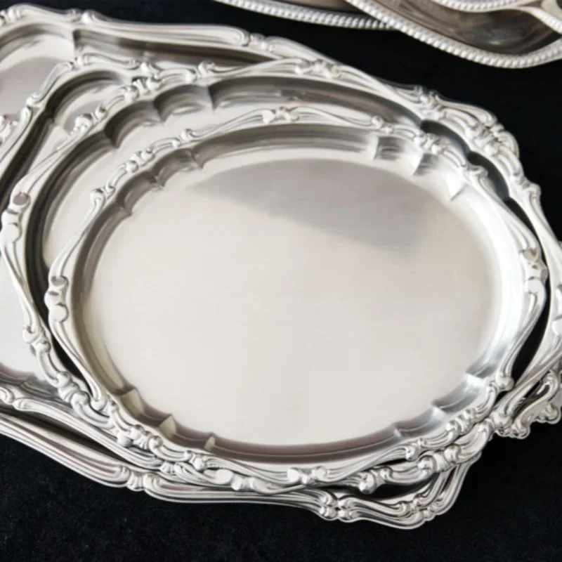 Baroque Silver Stainless Steel Double-Handle Tray, Oval Fruit & Dessert Platter, Tabletop Decorative Serving Dish for Home