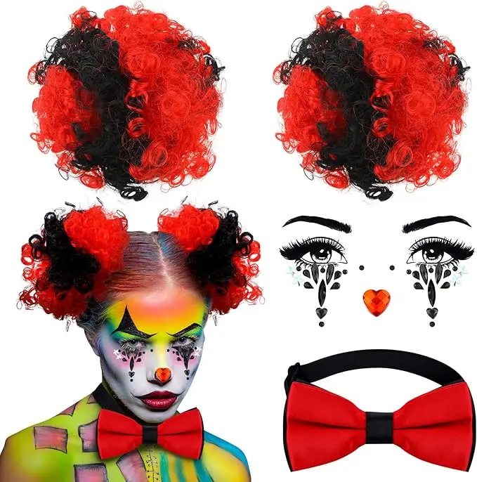 Women Halloween Clown Accessories Rainbow Wig Hair Clip On Puff Buns Clown Bowtie Party Halloween Ball Party Cosplay Costume