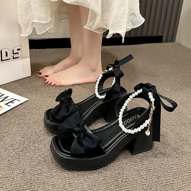 Sandalias de Tacón Grueso con Perlas para Mujer, Talla Grande, Verano 2026, Estilo Coreano, Punta Cuadrada, Material PU, Zapatos Sin Cordones
