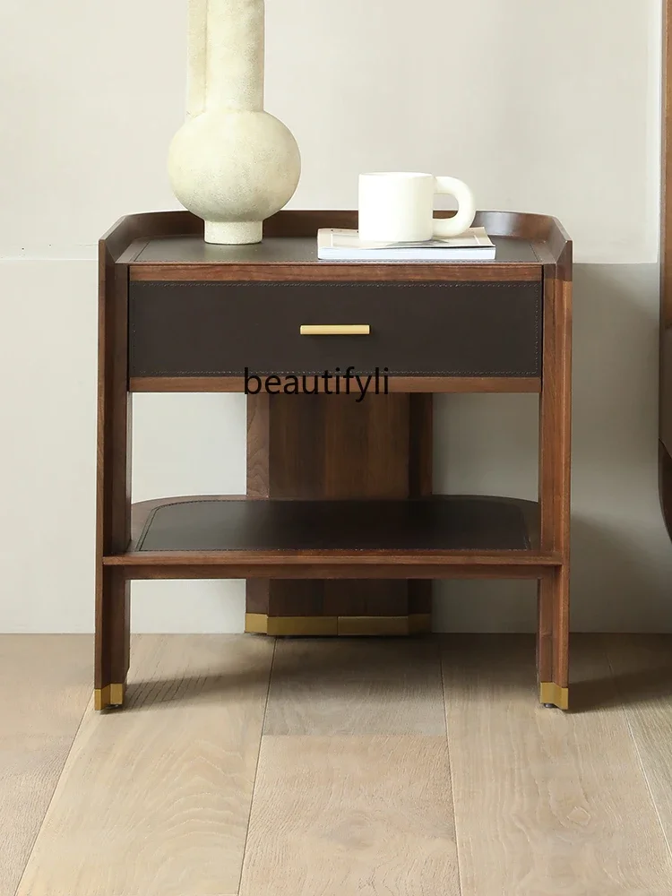 

YH13 Italian Furniture North America Black Walnut Solid Wood Saddle Leather Corner Table Sofa Side Table furniture living room