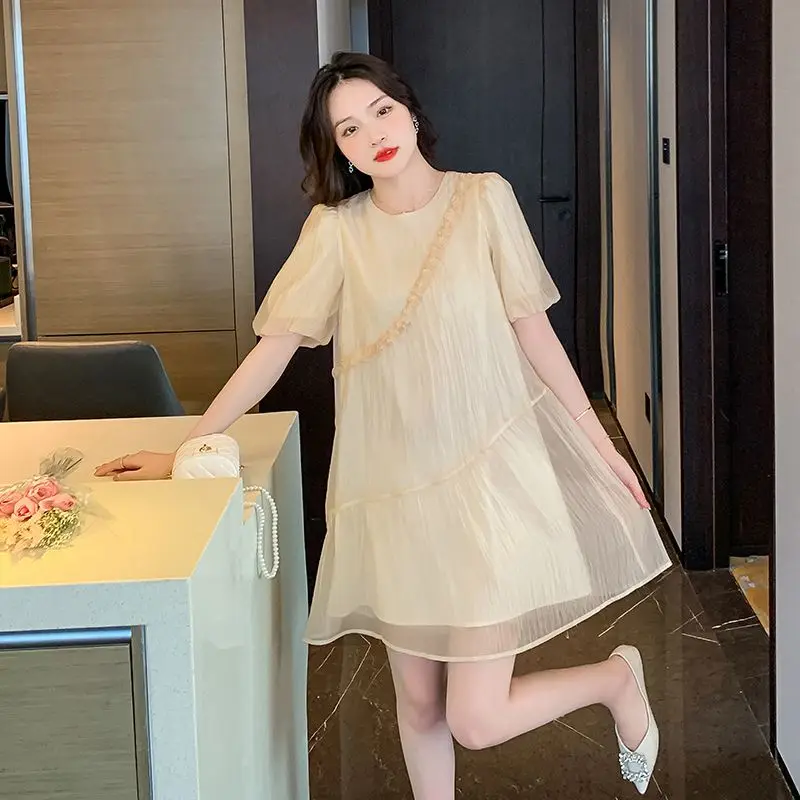 Vestido de gasa de manga corta nuevo para el verano 2025, falda acampanada adelgazante de estilo francés dulce elegante