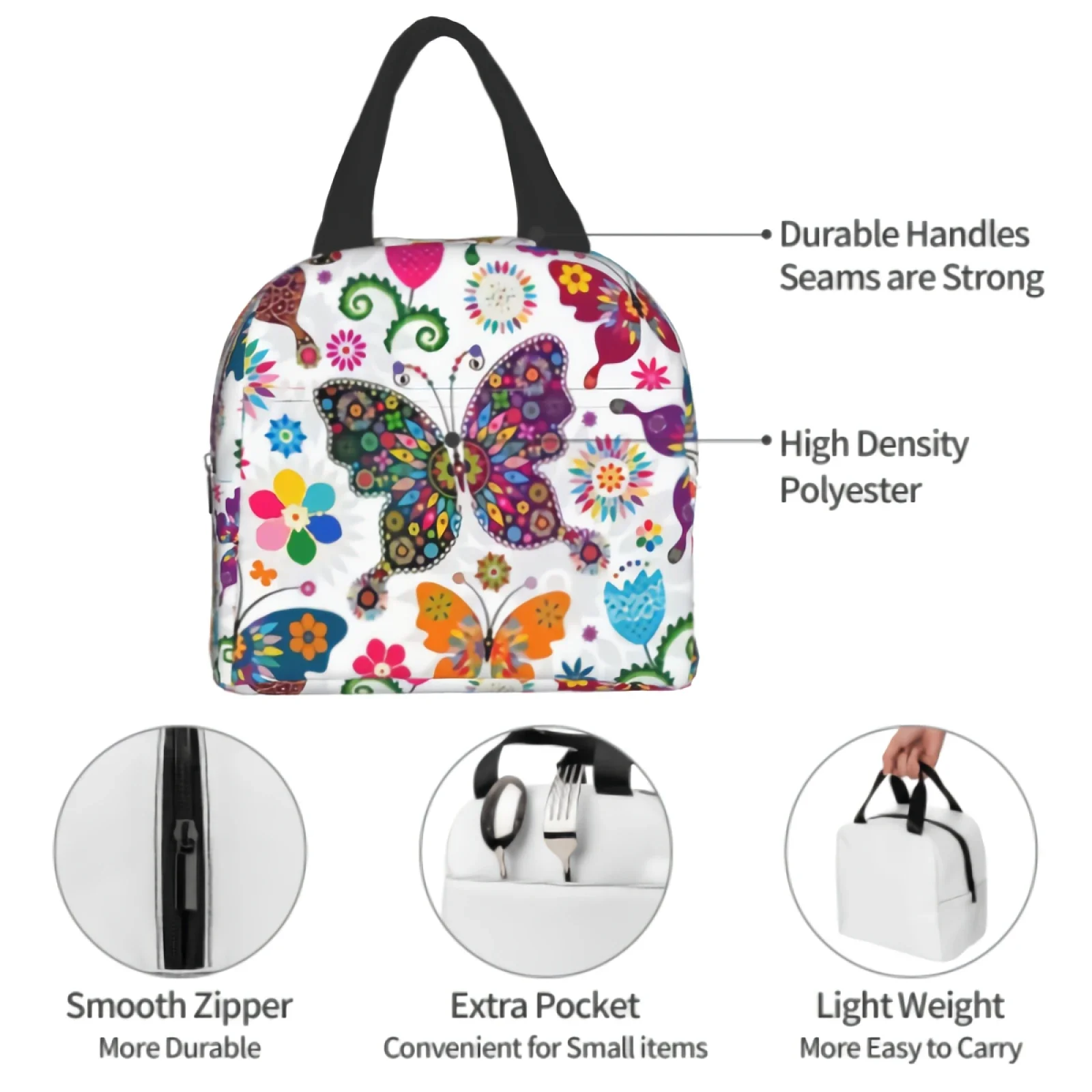 Colorful Butterflies And Flowers Kids Lunch box Insulated Soft Bag Cooler Back to School Thermal Meal Tote Kit for Girls Boys