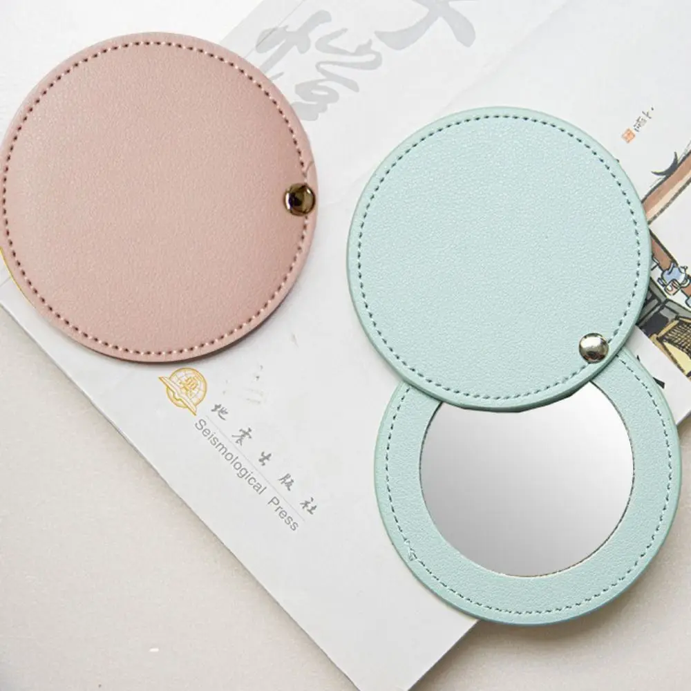 PU Leather Ultra-thin Round Makeup Mirror Stainless Steel Double-sided Cosmetic Mirror Folding Pocket Compact Mirror for Travel