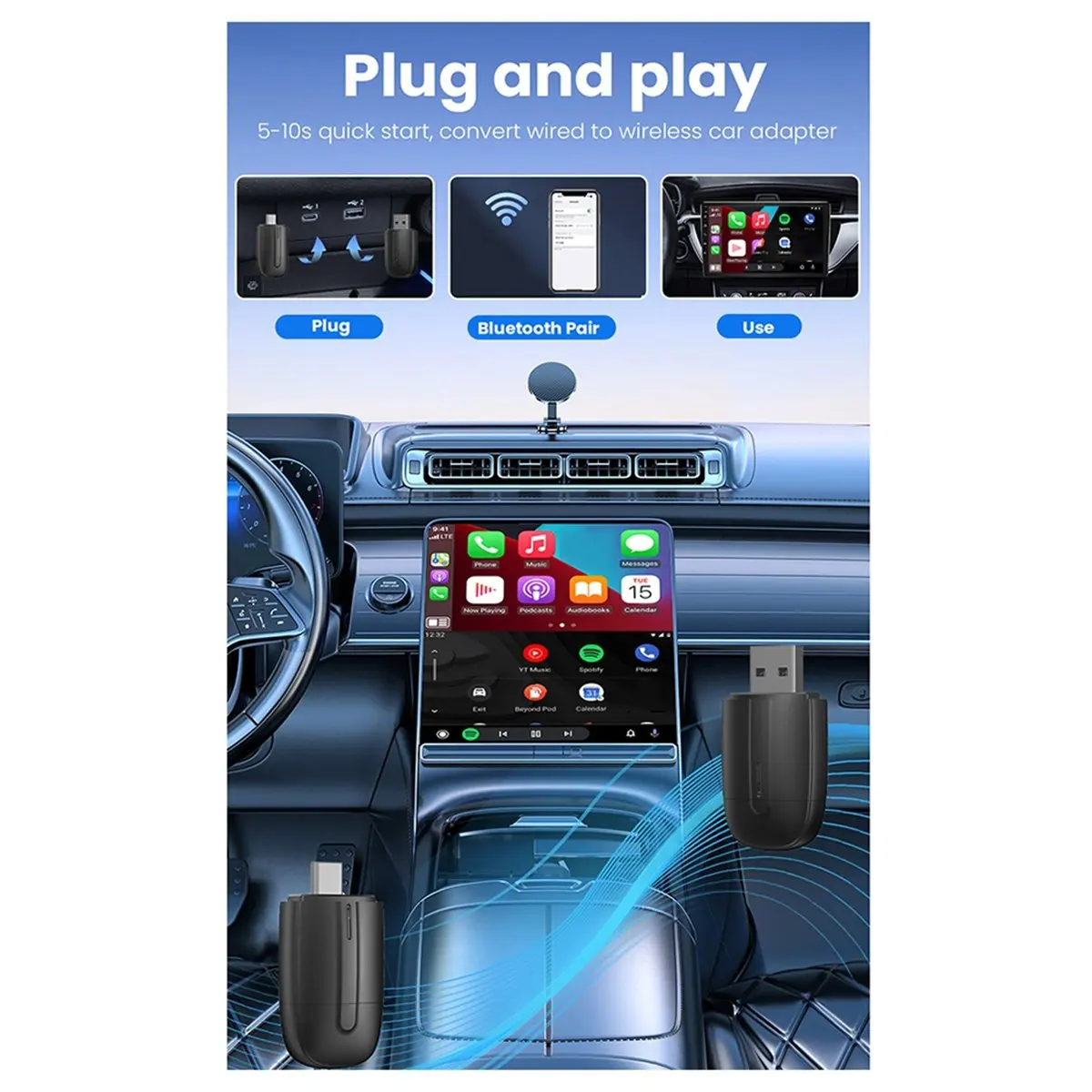 fitfit Wireless CarPlay Android Auto Adapter 5Ghz WiFi Type-C/USB Plug and Play 2in1 Dongle for Audi Benz Volvo VW Toyota Skoda