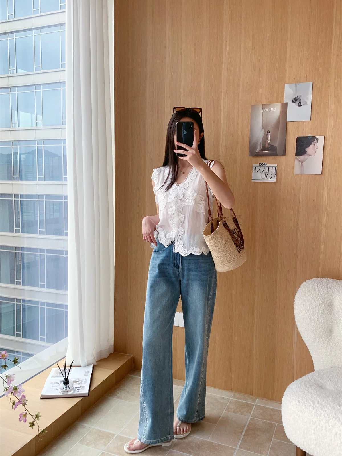

Washed Cotton Soft Loose Feel Rhinestone Denim Jeans Lengthening Legs High Waist Spring Women's mid Stretch Wide Leg Jeans