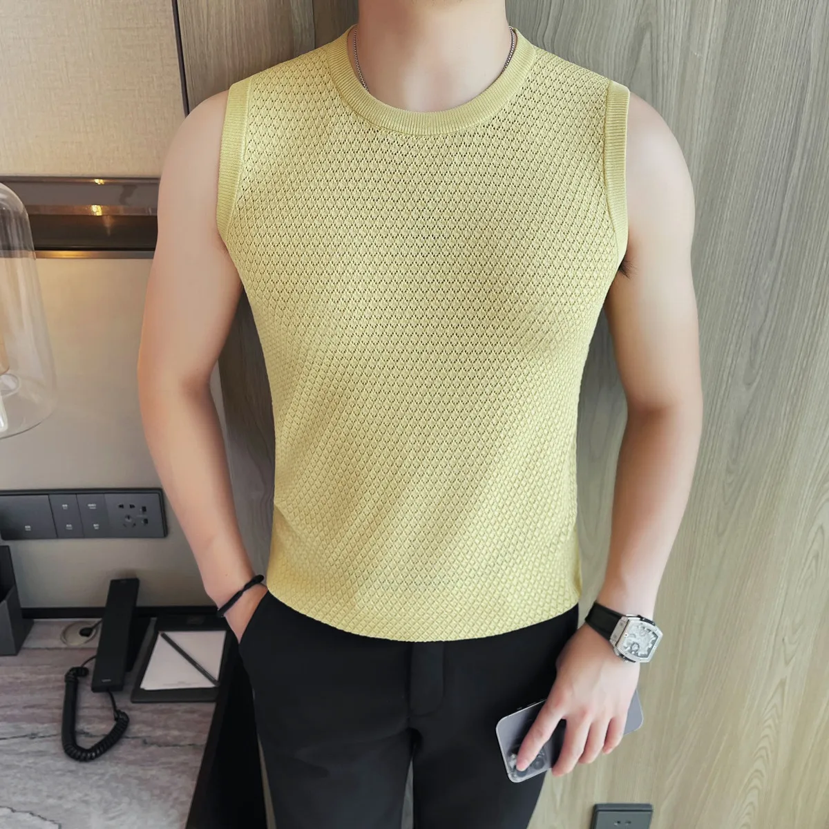

Summer Men Vest 2025 Knitted Sweaters Men Mesh Striped Vest Man Loose Sleeveless Vest Knit T-Shirt High Street Hollow Top Tees