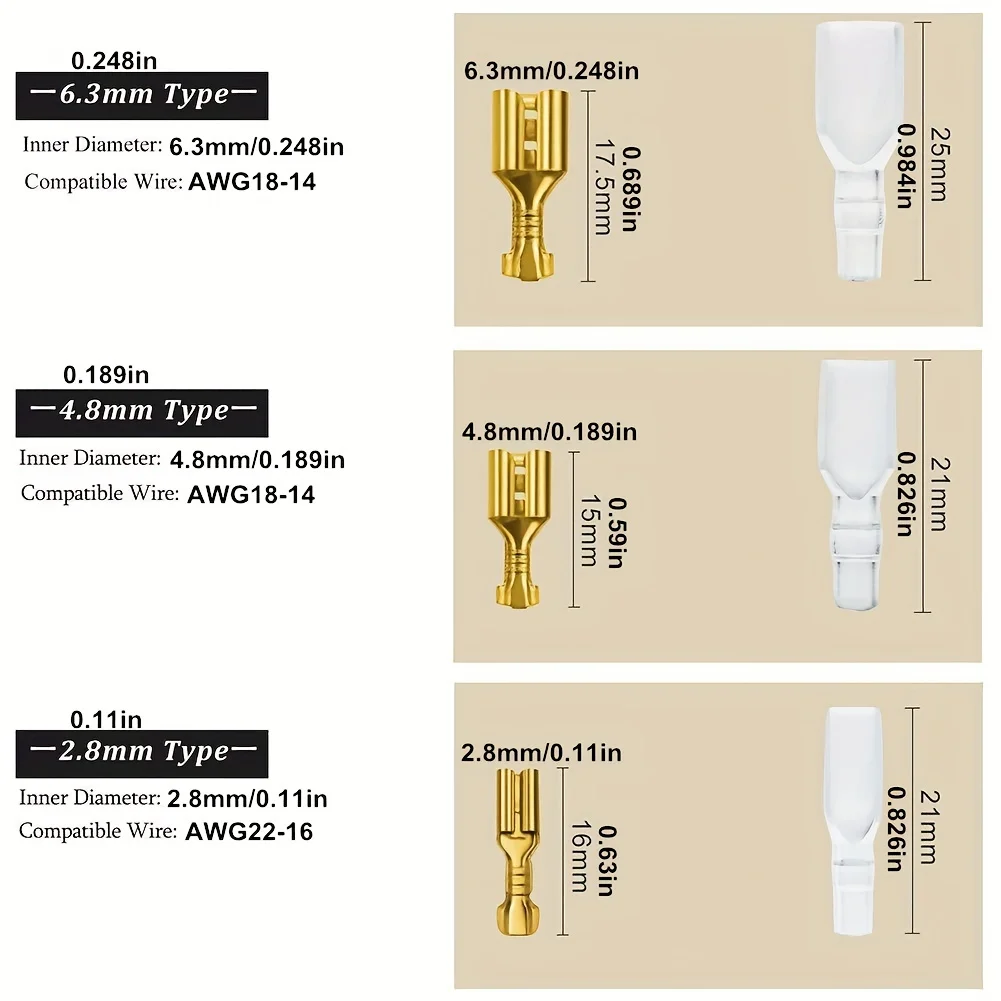 50 Set Female Crimp Terminal Connector 2.8/4.8/6.3mm Gold Brass Car Speaker Electric Wire Connectors Set 22-16 AWG