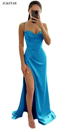 

Blue Mermaid Bridesmaid Dress Women Halter Slit Satin Prom Dresses Long Ruched Formal Evening Party Gown Vestido Nova Sencillos