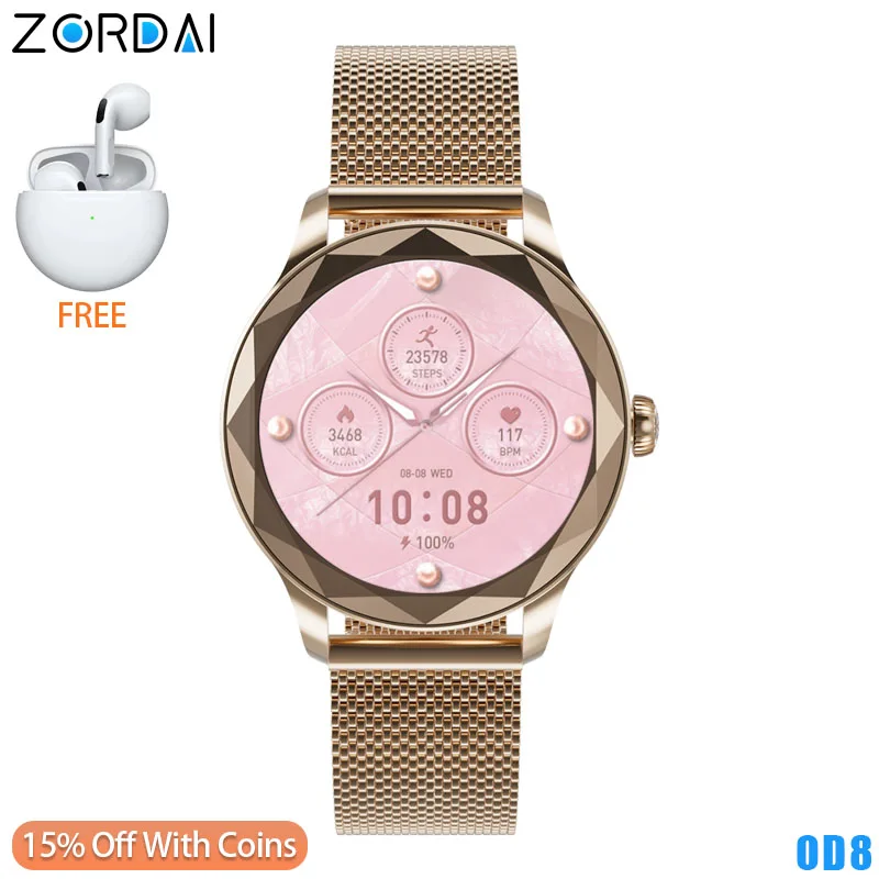 Zordai OD8 Smart Watch Women Lady Female Smartwatch AMOLED Bluetooth Call Health Monitor IP68 Waterproof Fitness Running Riding