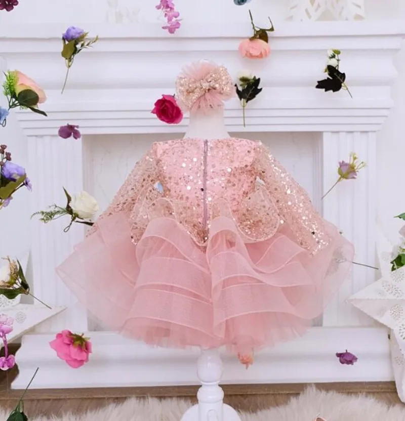 Rosa Geburtstags kleid für Kleinkind Tutu Pailletten Blumen mädchen Kleid Langarm funkelnden Ballkleid