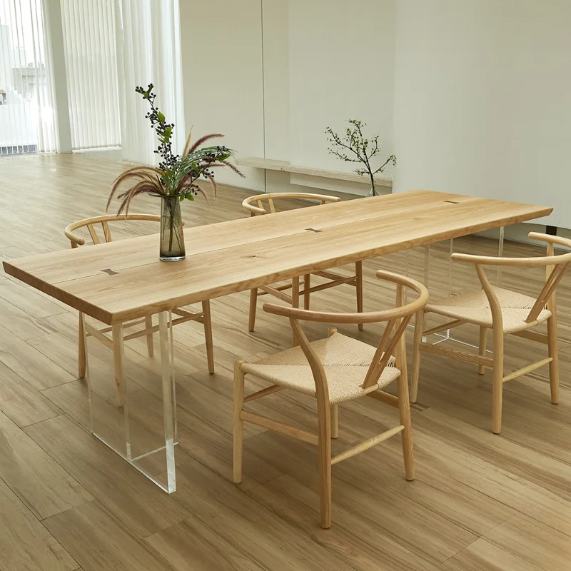 

Ash wood simple solid wood large board table, living room suspended acrylic dining table and desk integrated