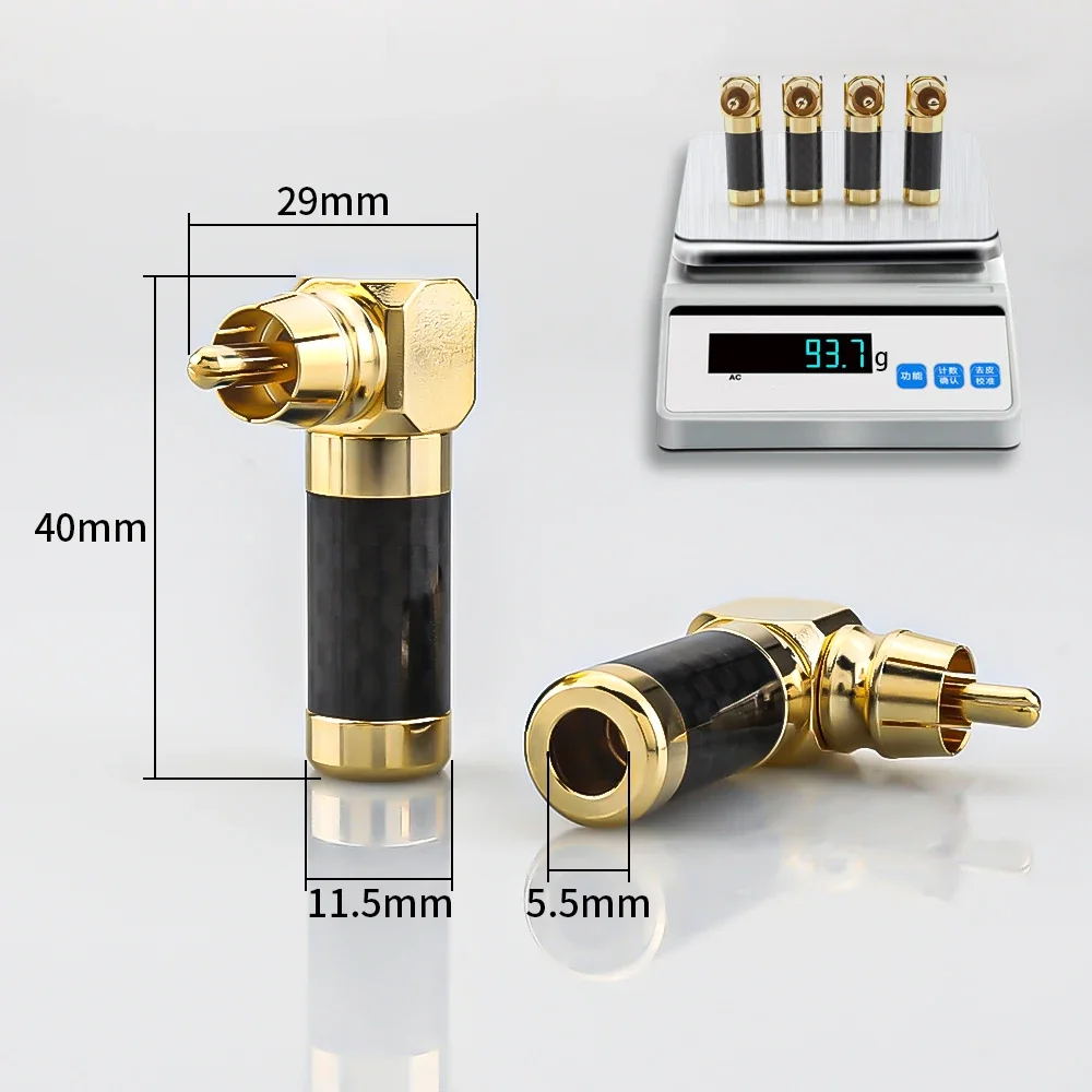 

4PCS Carbon Fiber Gold Plated RCA Plug Male 90 Degree Adaptor Audio signal Cable Connector RCA Elbow Hifi Jack