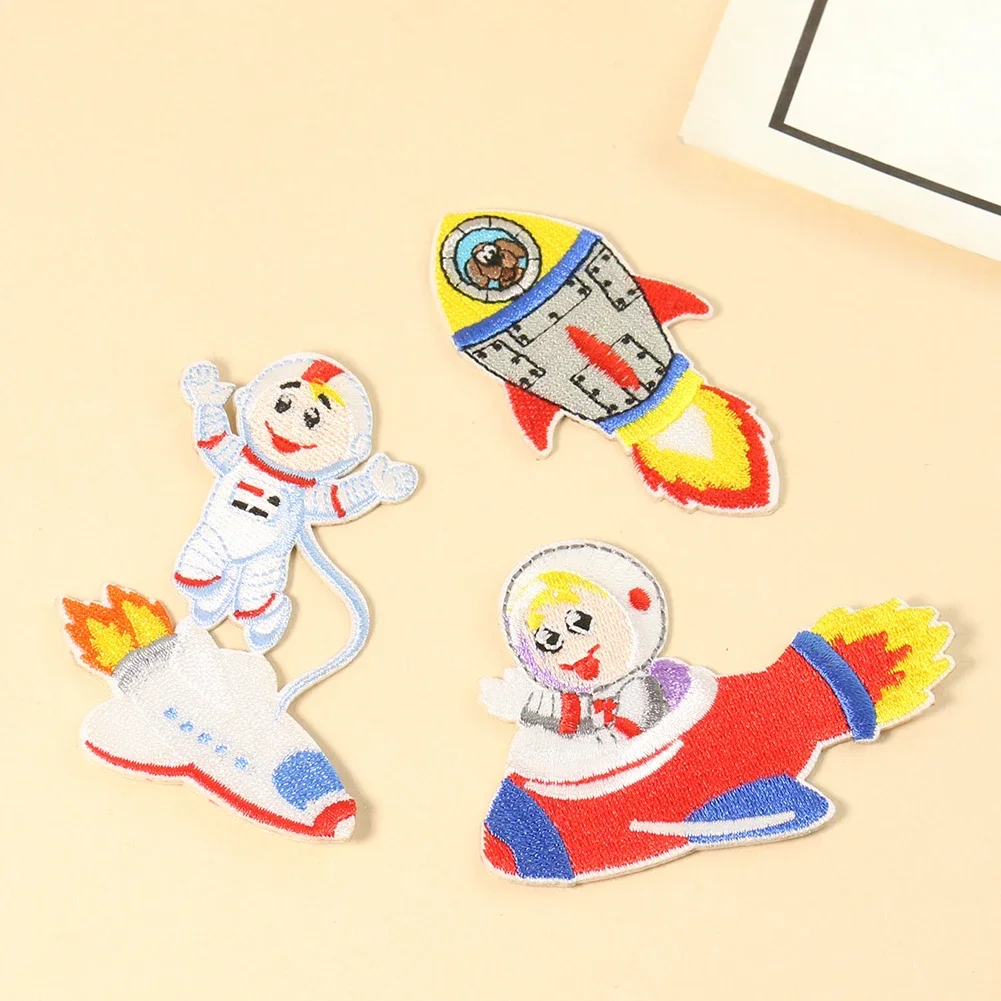 2PC Self Adhesive Cartoon Astronaut Rocket Launcher Space Capsule Embroidery Applique Stick-on Patch Child Clothes Sewing Crafts