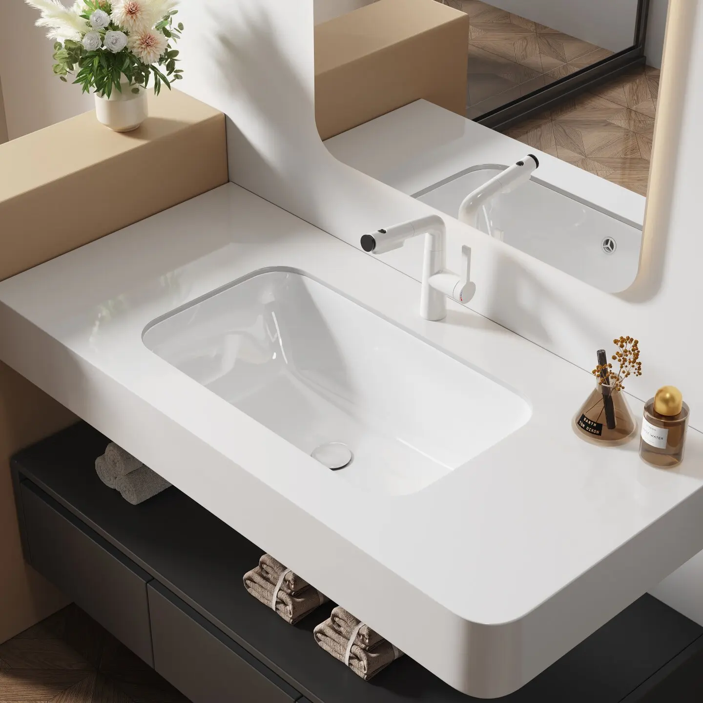 Ceramic Undermount Bathroom Sink Modern Rectangular Under Counter Wash Basin Stain Resistant Vanity Basin for Home Bathroom